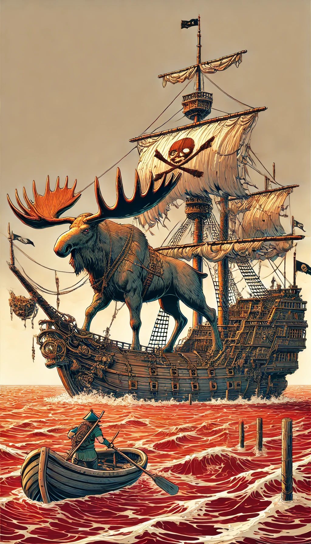 An engraved moose standing on the deck of a pirate galleon on a red sea